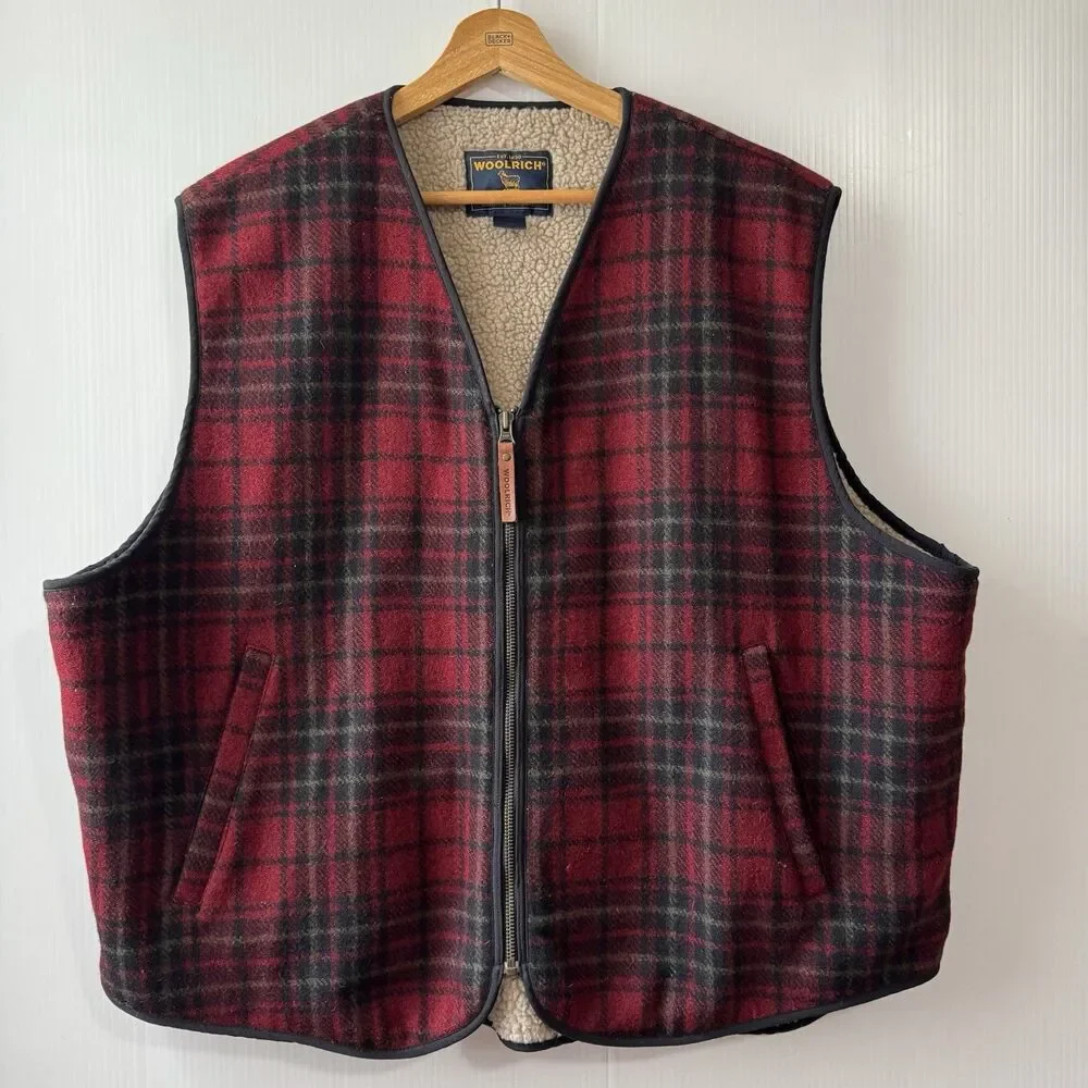 Woolrich Men’s XL Sherpa Lined Red Tartan Plaid Full Zip Wool Vest
